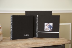 Vintage Álbumes tapas Lino Carbón con bordado y ventana con tira metálica